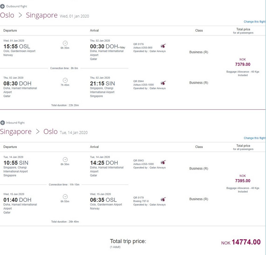 Preisbeispiel von Oslo nach Singapore in der Qatar Airways Business-Class