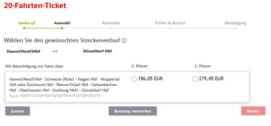 Preise für 20-Fahrten-Ticket zwischen Hamm und Düsseldorf