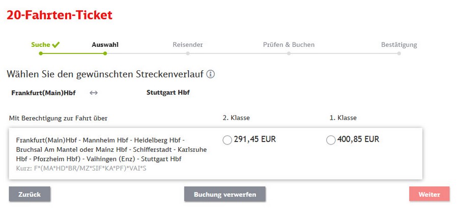 Preise für 20-Fahrten-Ticket zwischen Stuttgart und Frankfurt