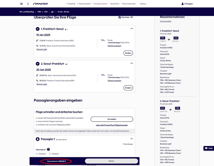 Preisbeispiel von Deutschland - hier Frankfurt - nach Seoul in der Finnair Business-Class for 1.616 EUR