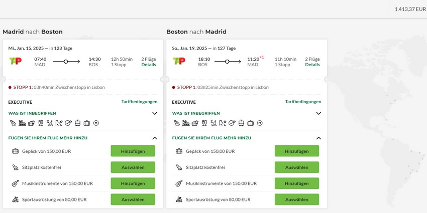 Preisbeispiel von Madrid in die USA - hier Boston - in der TAP Air Portugal Business-Class ab 1.399 EUR - hier inkl 20 EUR TSC