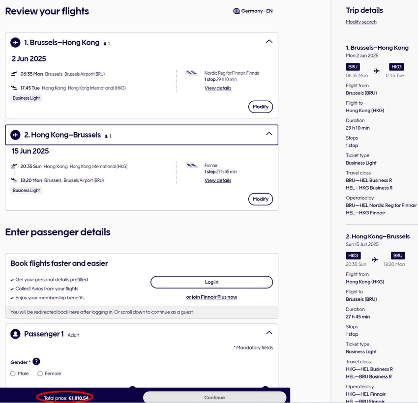 Preisbeispiel von Brüssel nach Hong Kong in der Finnair Business-Class ab 1.806 EUR