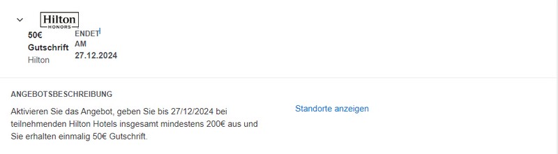 Für Ausgaben von 200 EUR bei Hilton bis 27.12.2024 gibt es eine 50 EUR Gutschrift auf dem American Express Kartenkonto