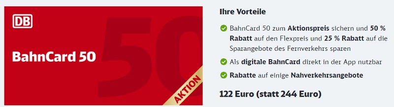 Bahncard 50 für 122 EUR statt 244 EUR bis 13.10.2024