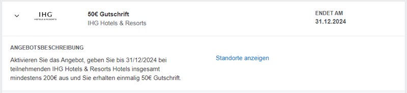 Gutschrift in Höhe von 50 EUR von American Express für einen Umsatz von 200 EUR in vielen europäischen IHG Hotels bis 31.12.2024