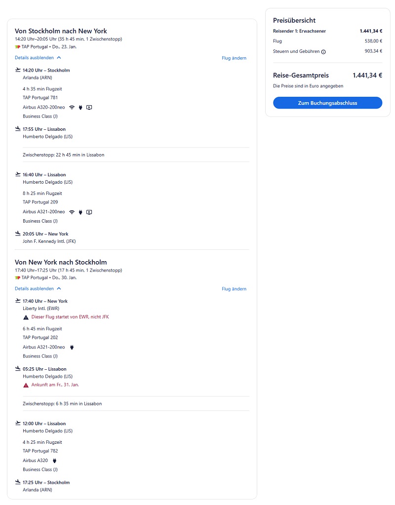 Preisbeispiel zum Black Friday 2024 von Stockholm nach New York in der TAP Air Portugal Business-Class bei Buchung bis 04.12.2024 - hier via Expedia