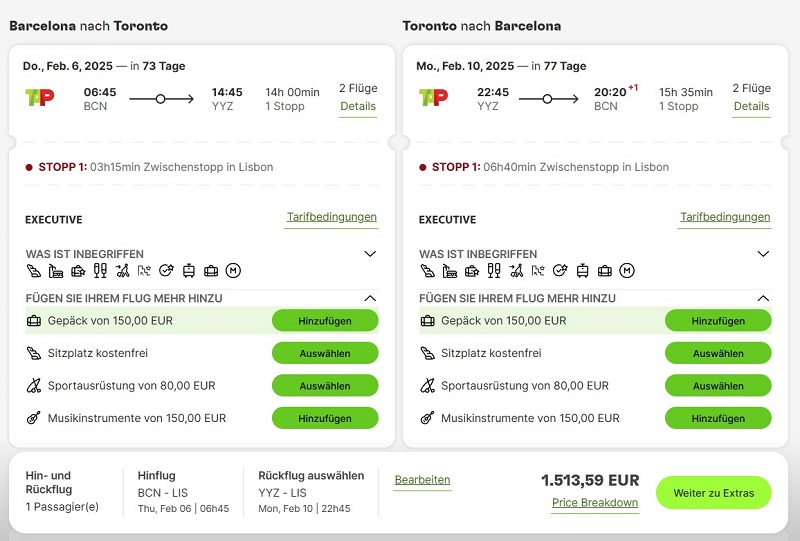 Preisbeispiel zum Black Friday 2024 von Barcelona nach Toronto in der TAP Air Portugal Business-Class bei Buchung bis 04.12.2024