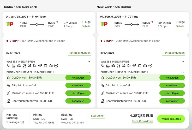 Preisbeispiel zum Black Friday 2024 von Dublin nach New York Newark in der TAP Air Portugal Business-Class bei Buchung bis 04.12.2024