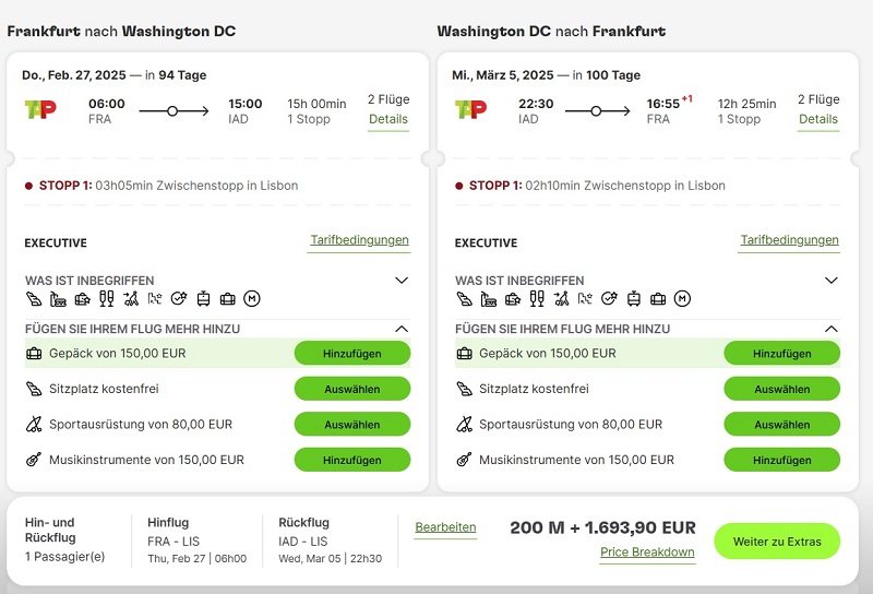 Preisbeispiel zum Balck Friday 2024 von Frankfurt nach Washington in der TAP Air Portugal Business-Class bei Buchung bis 04.12.2024