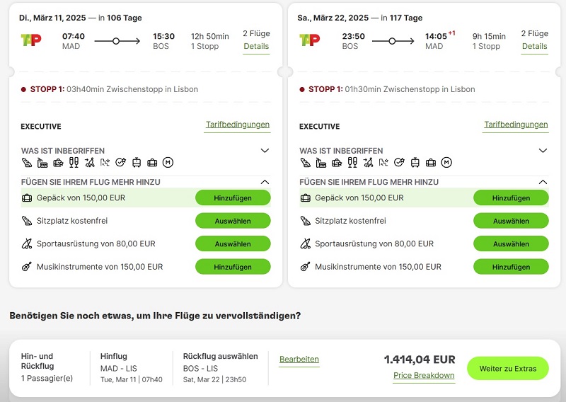 Preisbeispiel zum Black Friday 2024 von Madrid nach Boston in der TAP Air Portugal Business-Class bei Buchung bis 04.12.2024