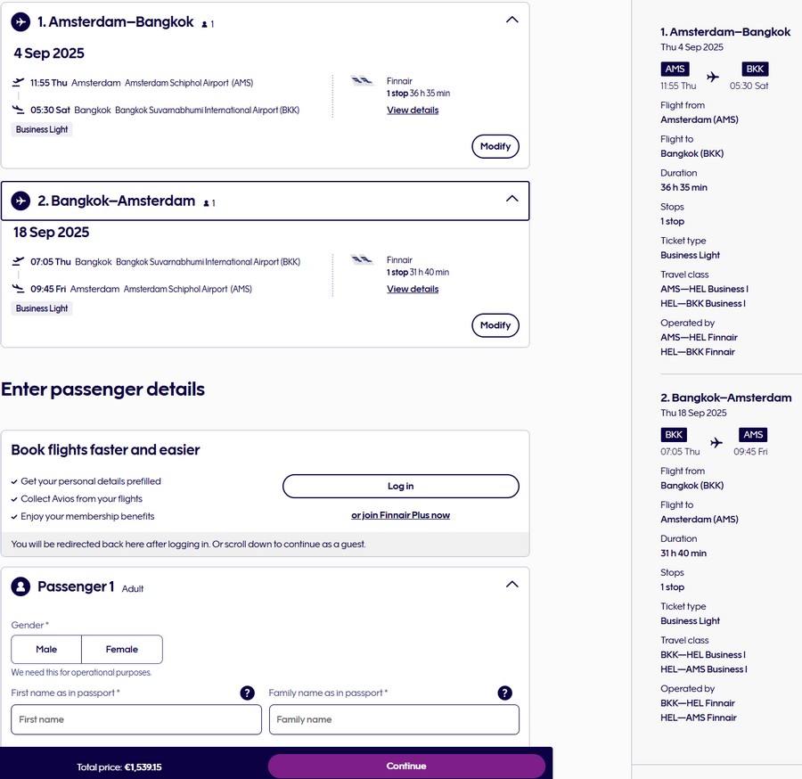 Preisbeispiel von Amsterdam nach Bangkok in der Finnair Business-Class für 1.540 EUR