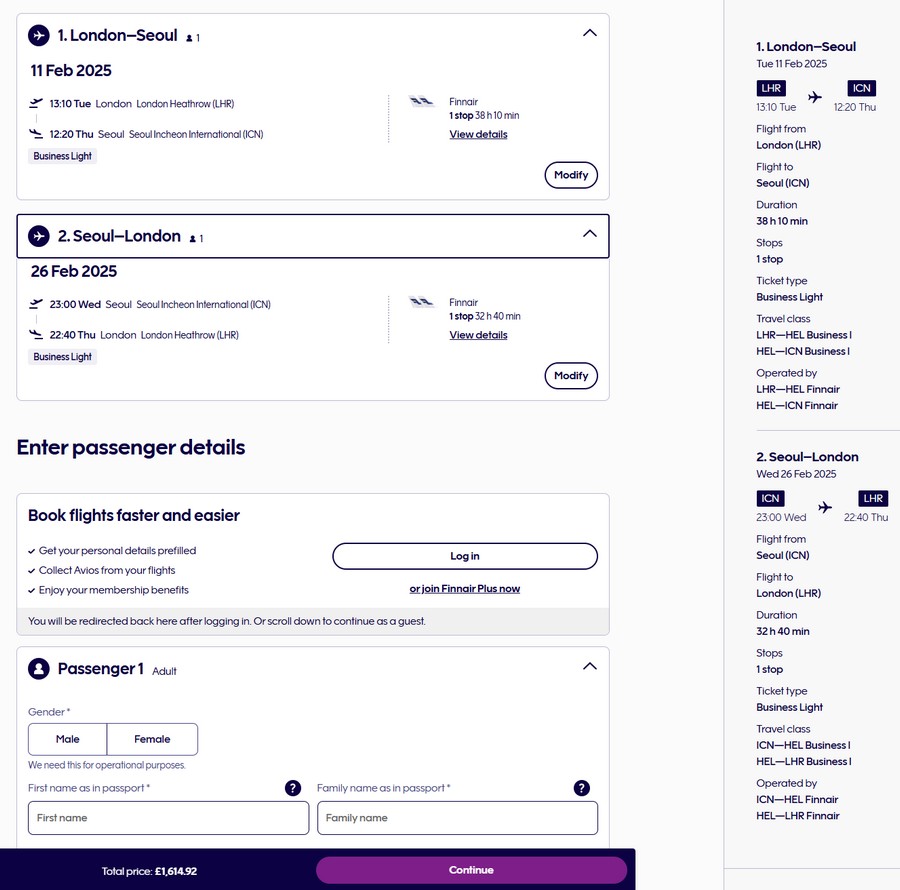 Preisbeispiel von Großbritannien - hier London- nach Seoul in der Finnair Business-Class für 1.949 EUR