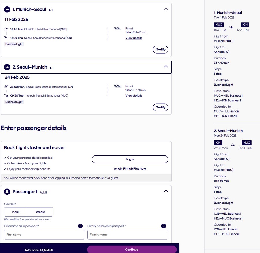 Preisbeispiel von Deutschland - hier München- nach Seoul in der Finnair Business-Class für 1.454 EUR