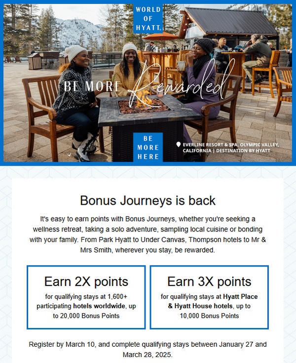 Doppelte bzw bei Hyatt Place und Hyatt House dreifache Punkte bei der World of Hyatt Frühjahrs Promotion bis 31.03.2025